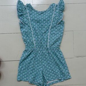 Girls' Light Blue Printed Romper with Ruffle Sleeve Detail